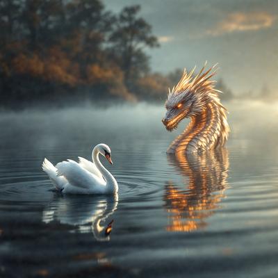 The primary subject of the image is a white swan swimming in a body of water. The setting is a serene lake, with a foggy atmosphere surrounding the swan. The visual style is a combination of photo and digital art, creating a surreal and dreamy scene. The colors are predominantly white and gray, with the swan's feathers appearing as a soft, white glow. The overall mood of the image is calm and peaceful, with the swan seemingly observing the dragon-like creature that is also present in the scene.